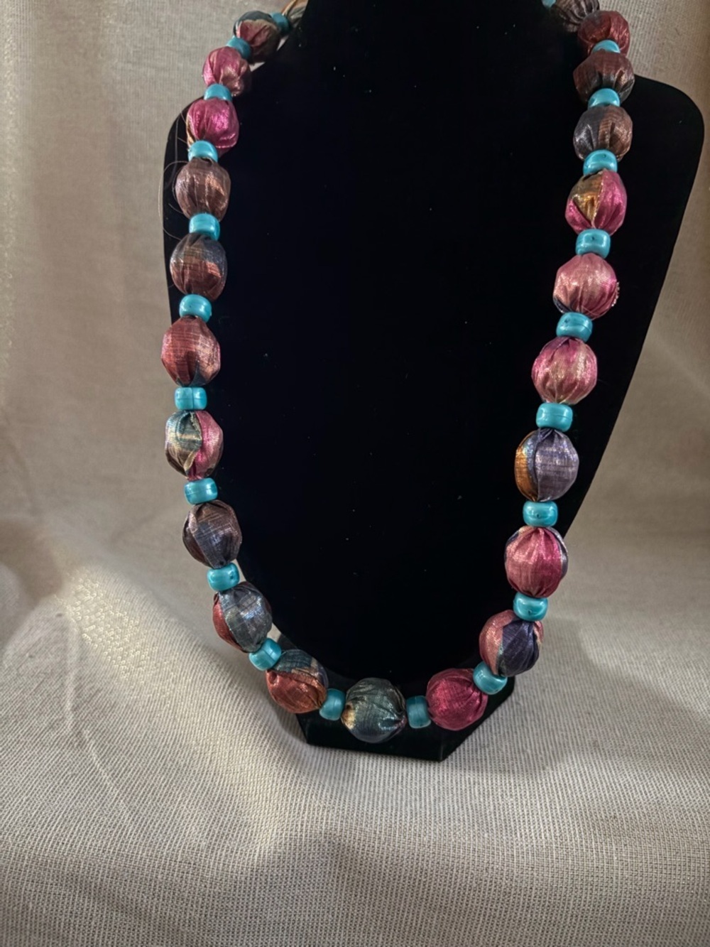 Handcrafted Multicolor Silk Bead Necklace with Turquoise Accents